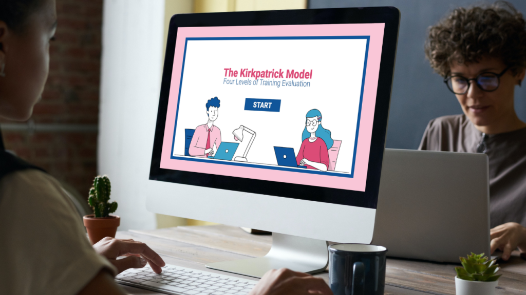 two people in a share workspace, one on a laptop and one on a desktop computer with the home page to the Kirkpatrick Method tabbed interaction eLearning
