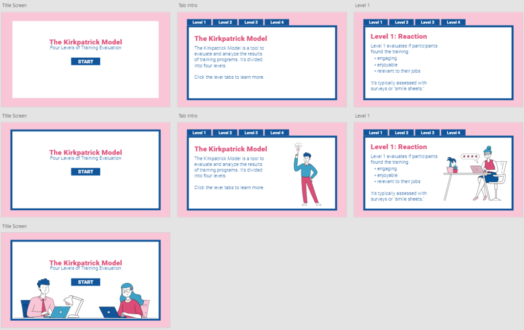 adobe xd mockups and iterations for the first three screens of the Kirkpatrick Model tabbed interaction