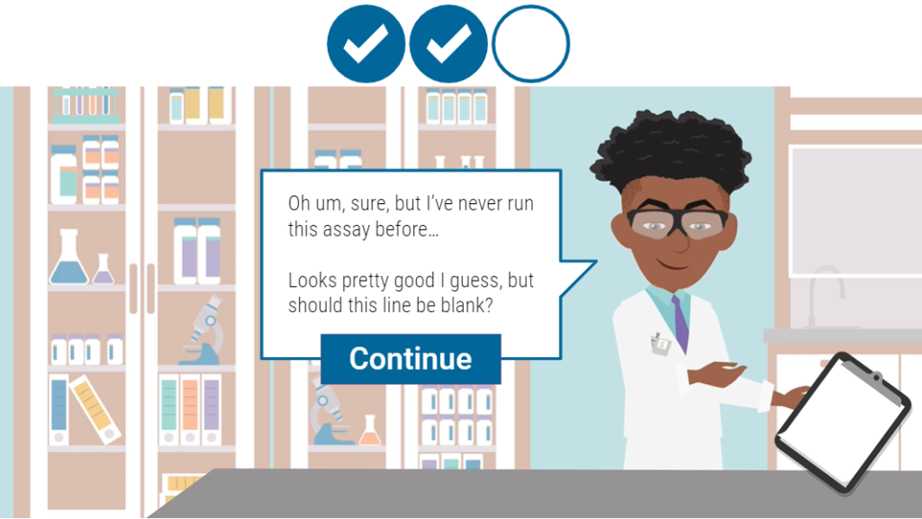 screenshot from the "Right the First Time" training, featuring a scientist holding a clipboard with a speech bubble